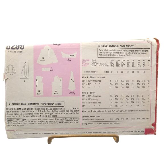 Vintage Sewing PATTERN Simplicity 8299, How to Sew 1969 Misses Blouse and Ascot - Picture 2 of 2